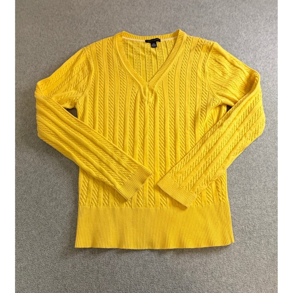 Tommy Hilfiger Womens Yellow Cable Knit V-Neck Sweater Long Sleeve Size Large